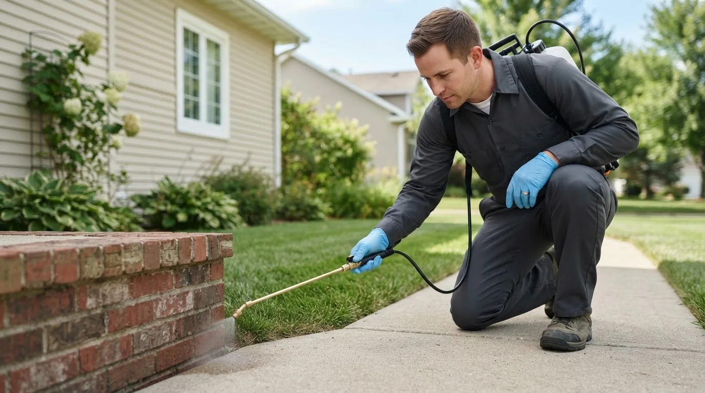 Pest control technician treating a home near Crystal, MI