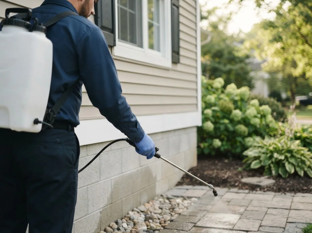Pest control technician inspecting a home in Crystal, MI